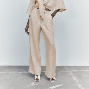 Zara WIDE LEG LINEN PANTS, Sand, Size M